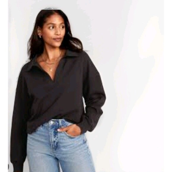Old Navy Polo Pullover Sweatshirt Collared V Neck Black Relaxed Cozy Lounge S - Picture 1 of 7